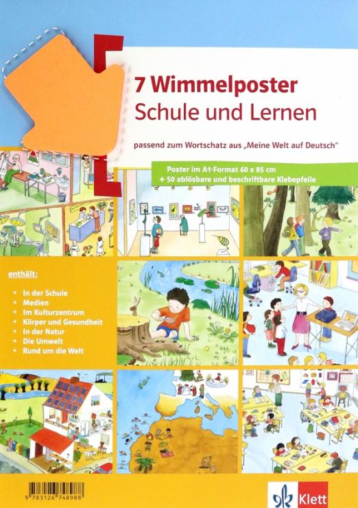 Wimmelposter Schule und Lernen passend zum Wortschatz aus Meine Welt auf Deutsch. 7 Poster